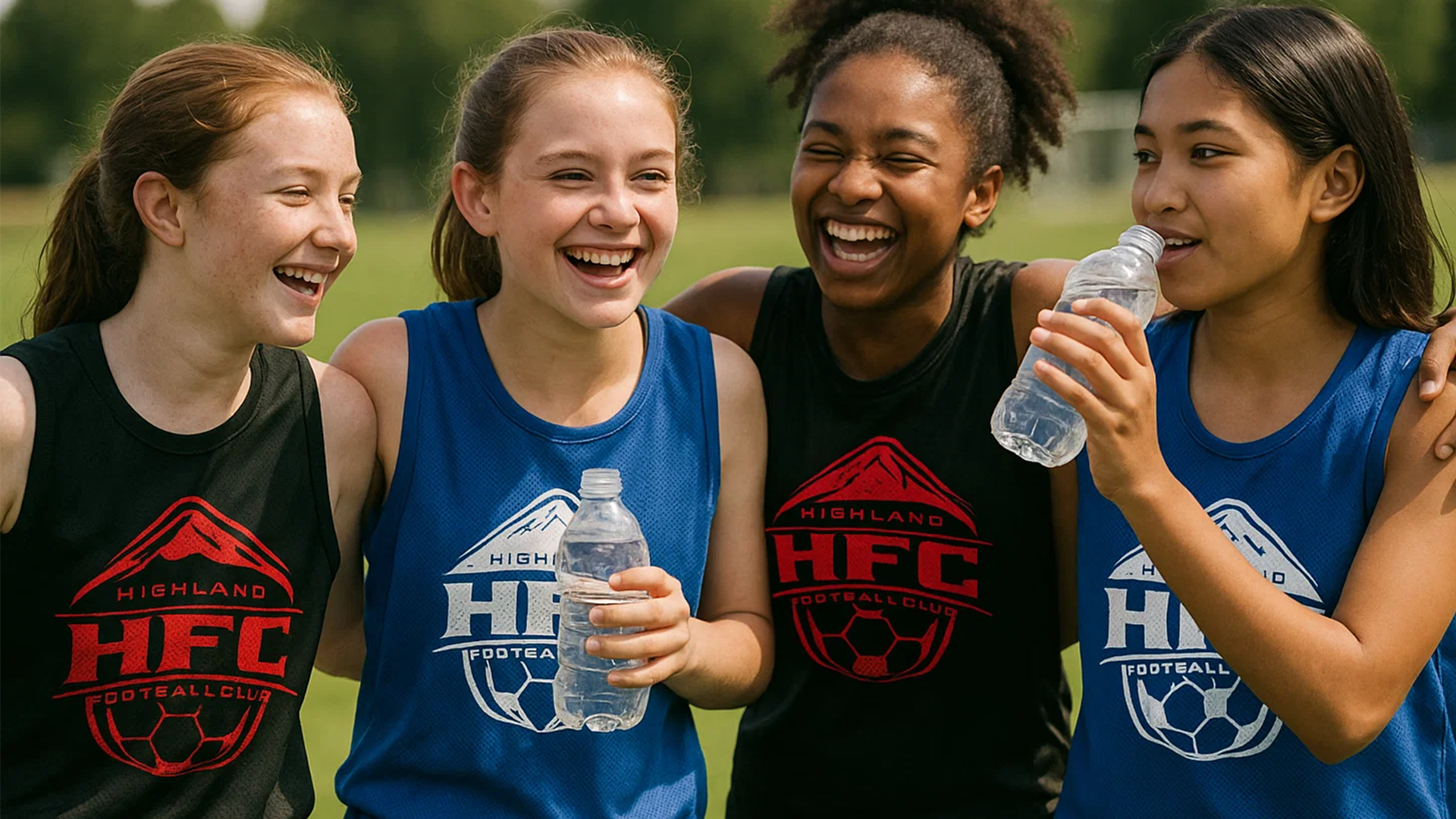 A group of soccer players taking a break during their soccer scrimmage. Customizable football jerseys, two-sided.