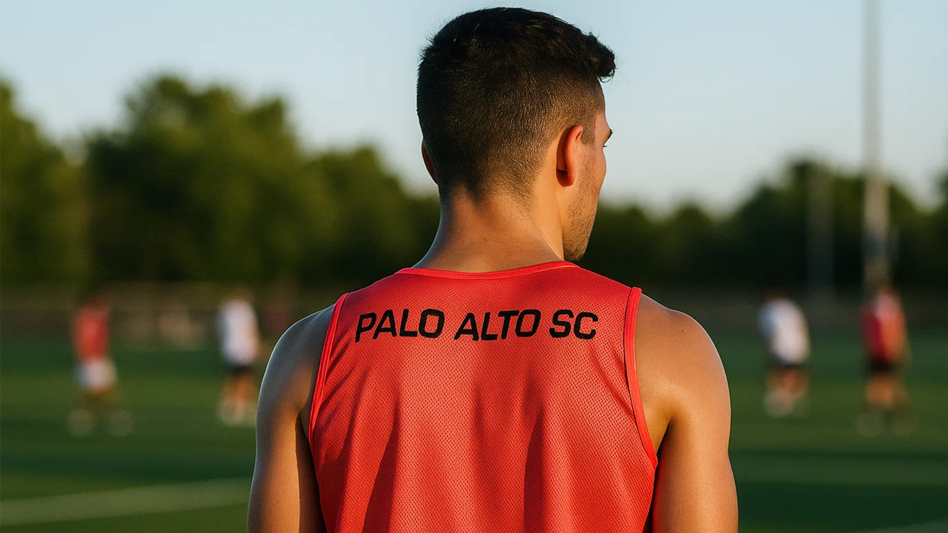 Soccer player looking on over scrimmage in custom two-sided soccer pinnies.