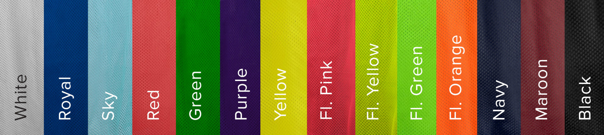 Custom soccer pinnies in royal blue, sky blue, pink, green, purple, red, fluorescent yellow, fluorescent green, fluorescent orange, navy, maroon, black