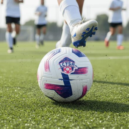 youth soccer players kicking a custom team soccer ball with their team logo