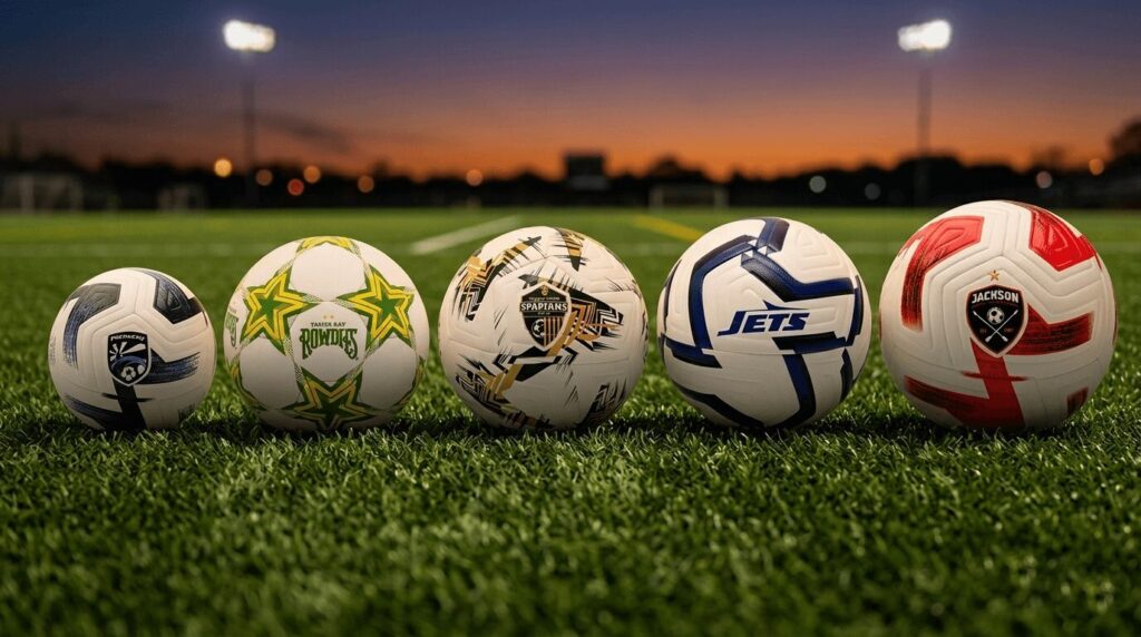 Lineup of soccer balls sizes 1 through 5