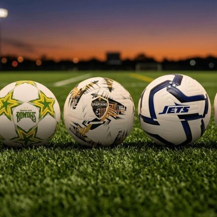 Lineup of soccer balls sizes 1 through 5