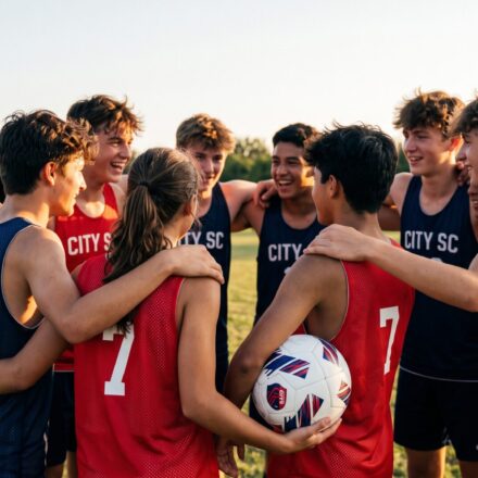 Youth soccer team in navy and red custom mesh tanks huddled together, one player holding a custom-printed CITY SC match soccer ball